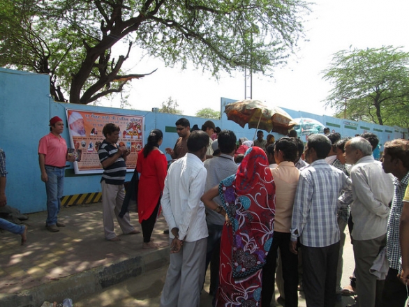 A crowd gathers to hear the message of Kalki Avatar Foundation at the Kalka Mandir. 