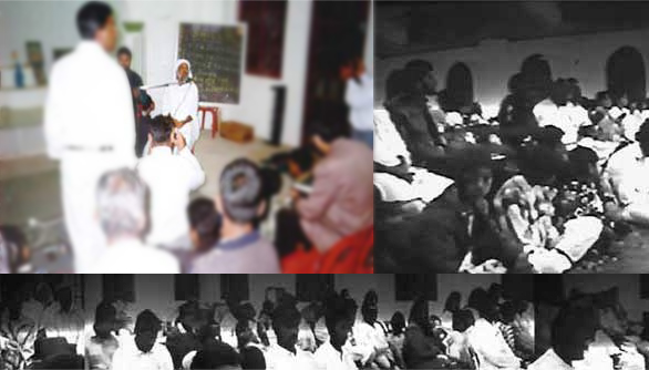 HDE Gohar Shahi speaking at a Sai Baba Temple in Durban, South Africa. The gathering is attended by Sai Baba devotees and fire worshippers.